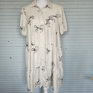 Jane & Delancy Boho Linen Blend Ecru Black Bow Print Tiered Midi Dress Size L